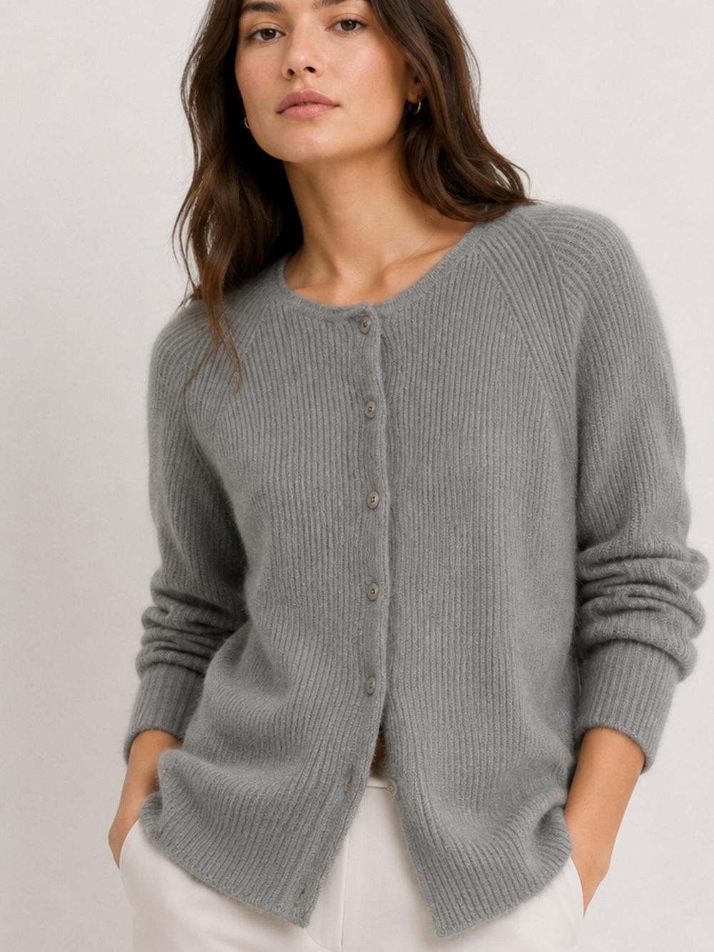 Jones New York Wool Angora Cardigan Gray Button Front Sweater | Size S |